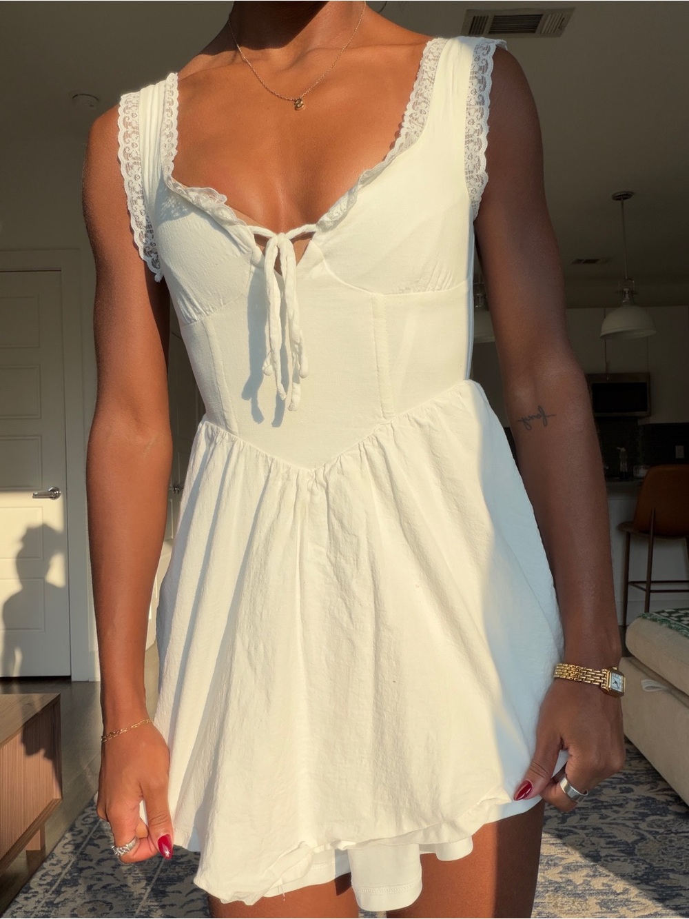 Women's Cream Lace-Trim Tie-Front Mini Dress